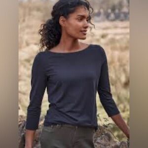 GarnetHill Navy OrganicCotton Tencel Boat Neck TEE 3/4Slv EUC